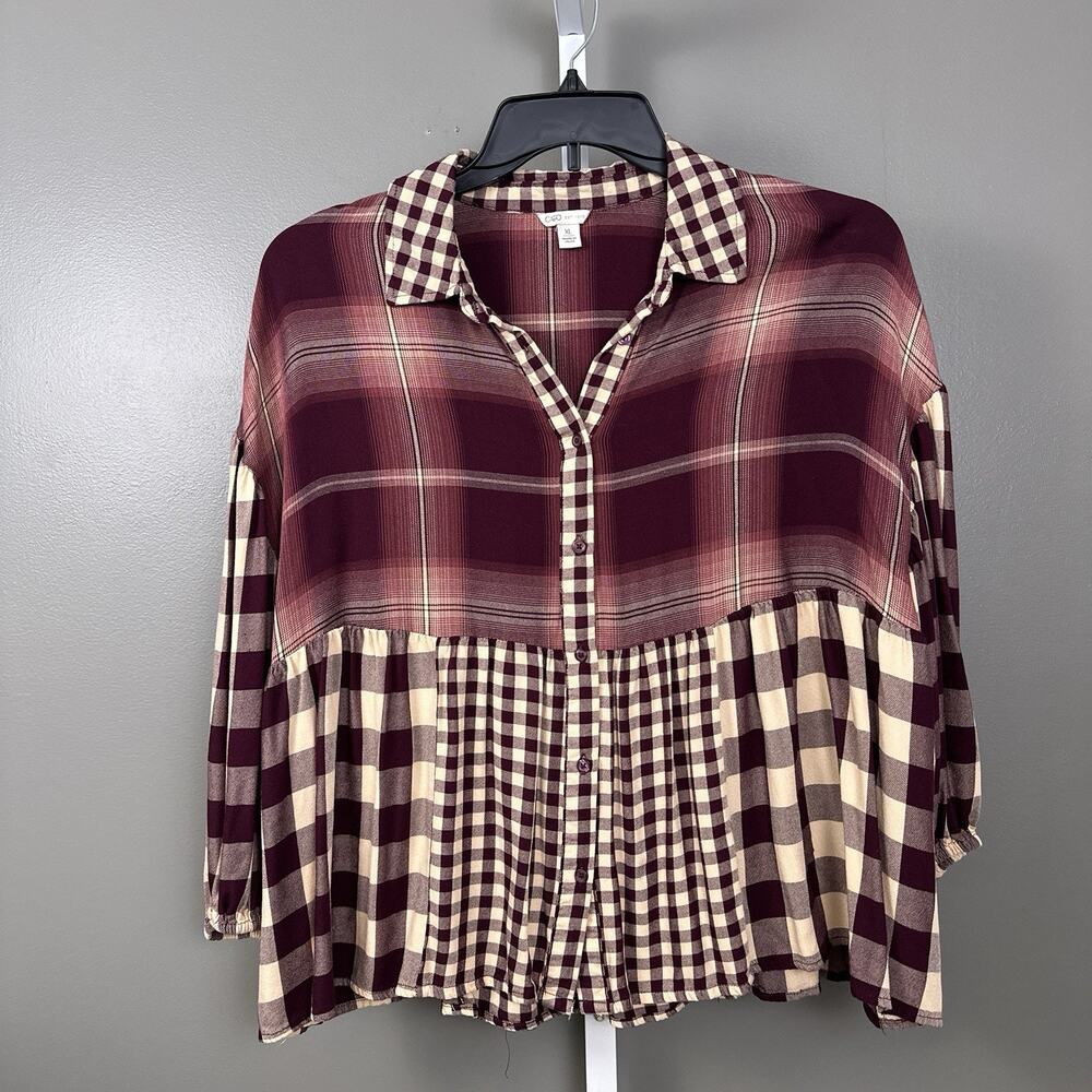 Cato Womens XL Rayon Plaid Babydoll Blouse Empire Waist Burgundy Boho Top - Picture 2 of 8